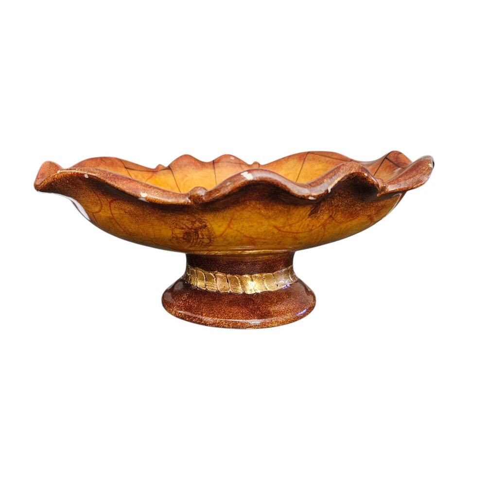 Vintage Decorative Pedestal Bowl Amber Brown Gold Ornate Scalloped Centerpiece
